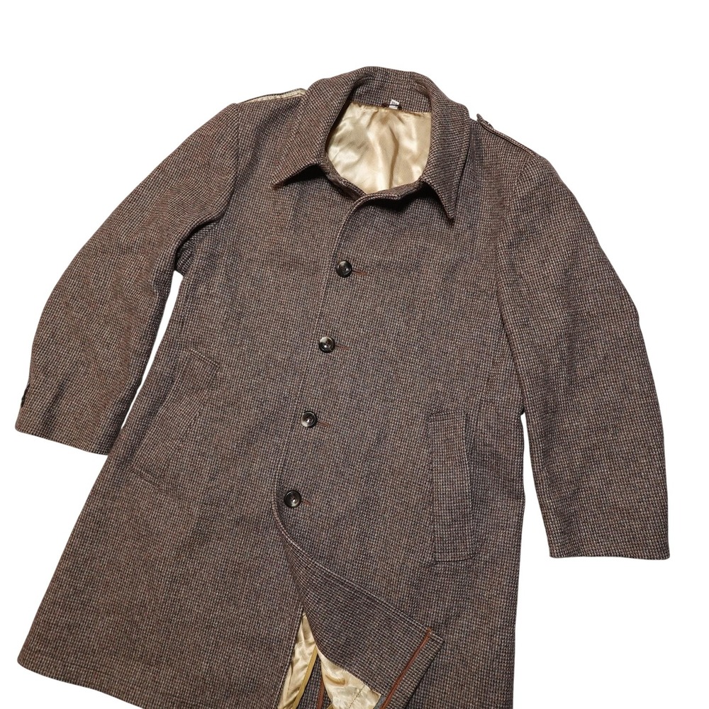 Energy Coat Mens 44R Brown Wool Tweed Check Overcoat Lined Made USA Mid Length